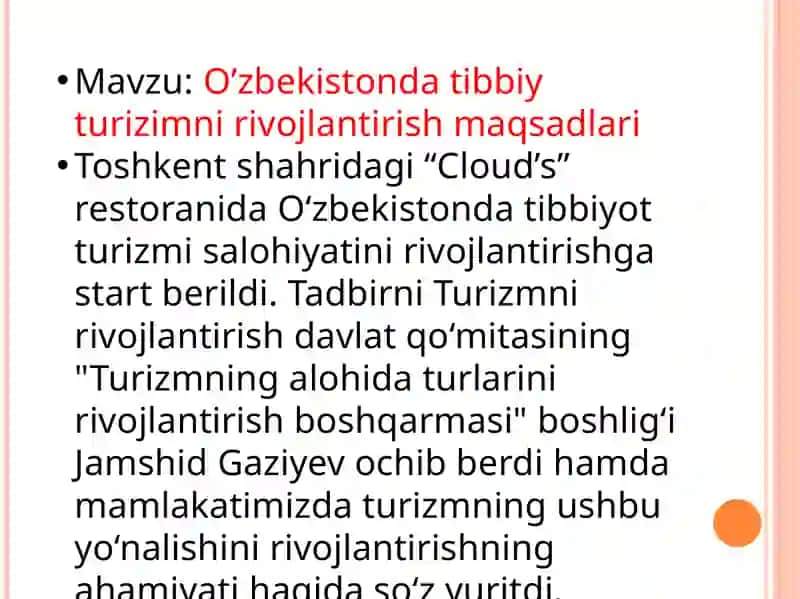 O’zbekistonda tibbiy turizimni rivojlantirish maqsadlari 2