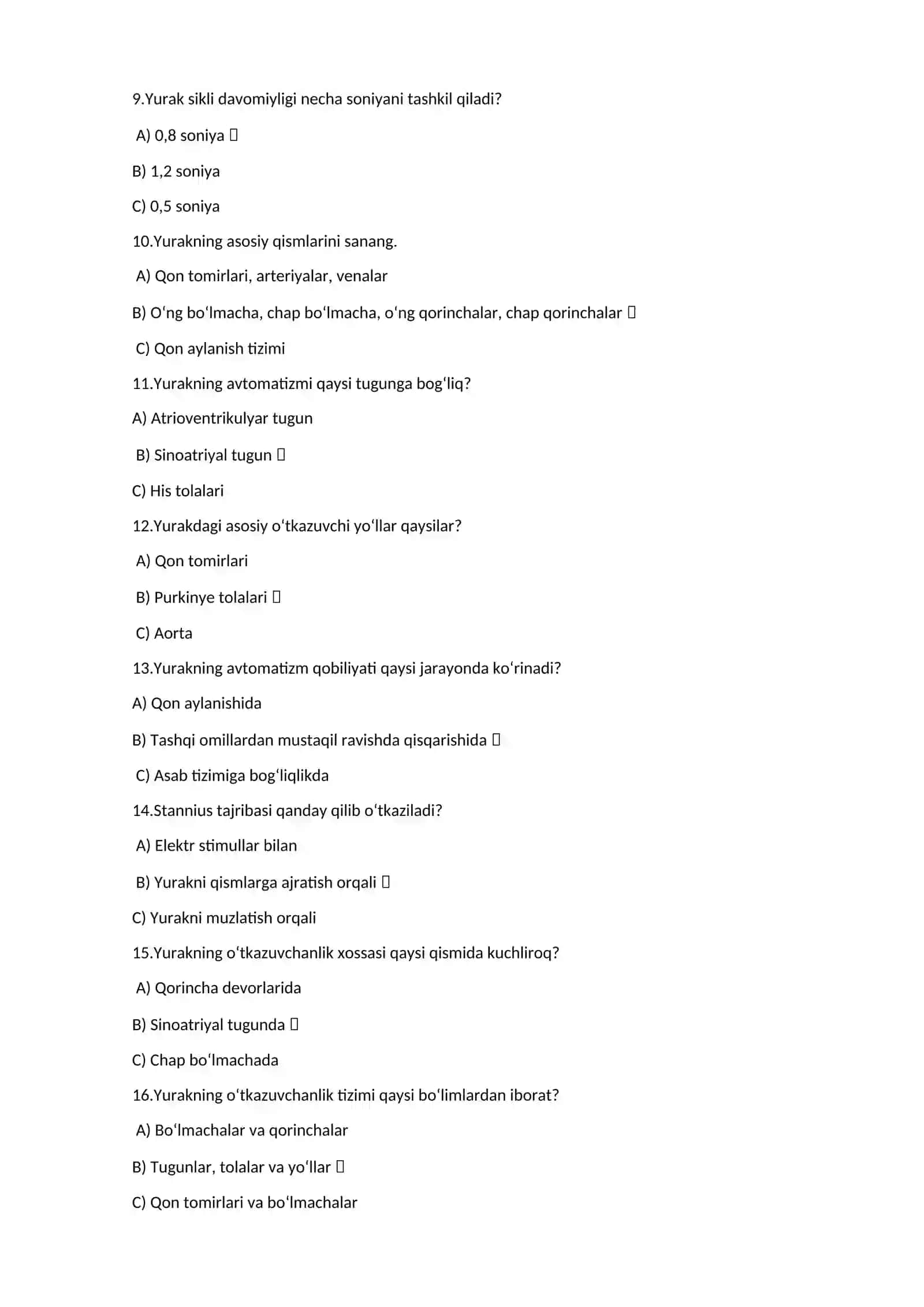 Yurak fiziologiyasi test savollari 2