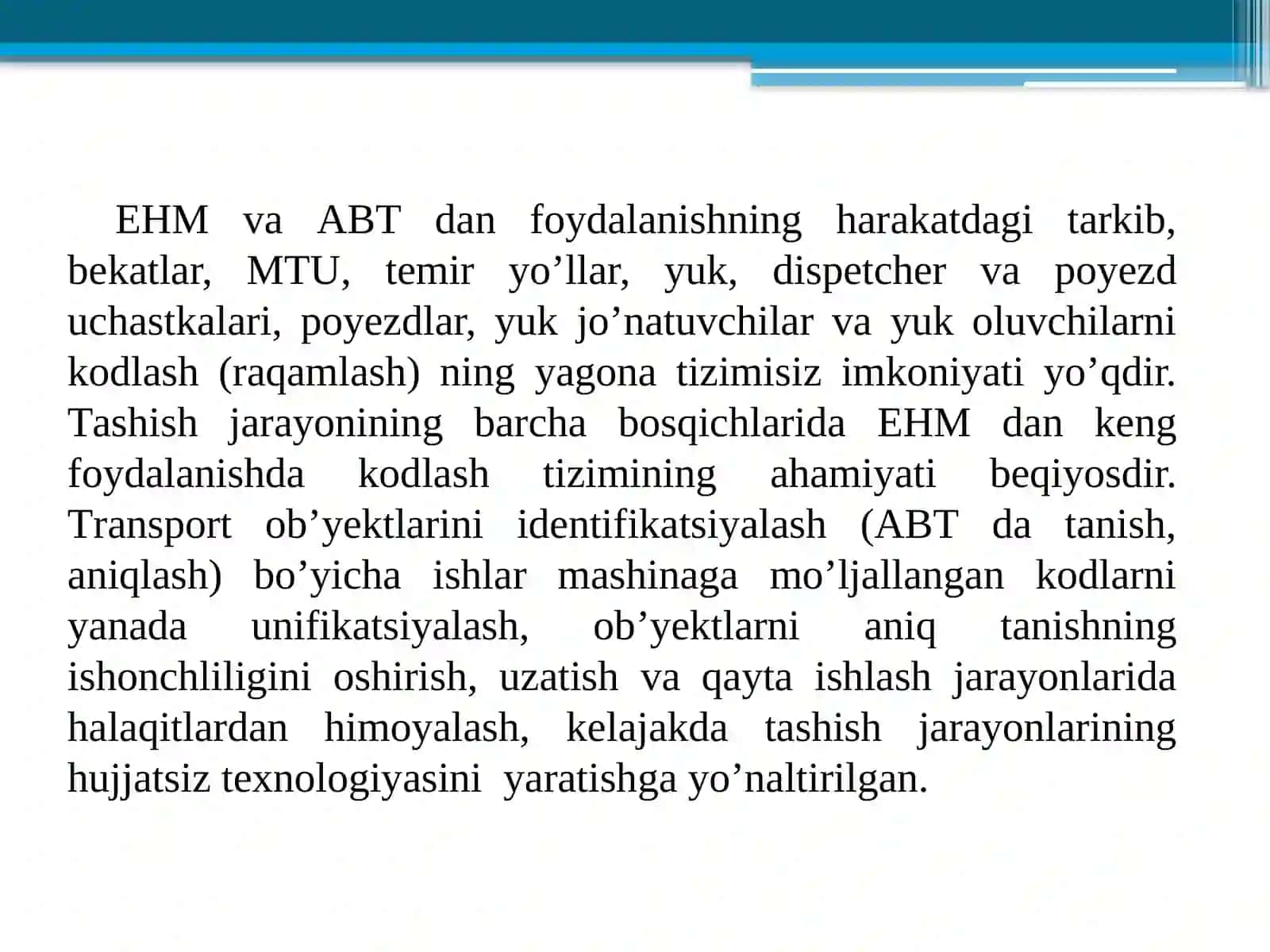 TYTBATning axborot ta’minoti: temir yo’l transporti ma’lumotlarini va obyektlarini kodlash 2