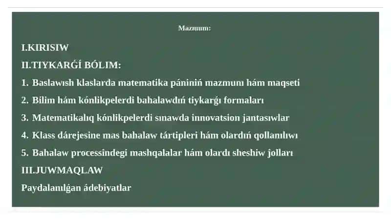 Baslawısh klaslarda matematikadan bilim, kónlikpelerdi sınaw formaları hám usılları 2