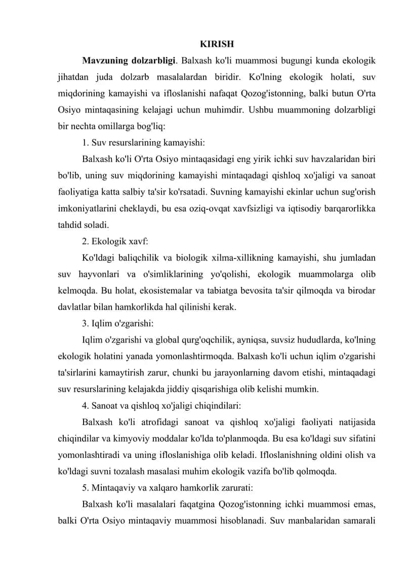 BALXASH KO’LI MUAMMOSI VA UNING YECHIMI 2