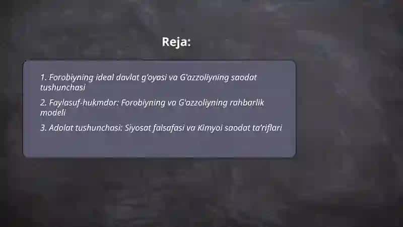 Forobiyning "Siyosat falsafasi"va G'azzoliyning"Kimyoi saodat" asarlari 2