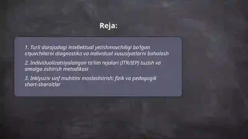 Turli darajadagi intellektual yetishmovchiligi bo‘lgan bolalar uchun inklyuziv ta’lim strategiyalari va ularni amalga oshirish shart-sharoitlari. Autistik spektr buzilishlariga ega bolalar uchun inklyuziv ta’lim strategiyalari va ularni amalga oshirish shart-sharoitlari. 2