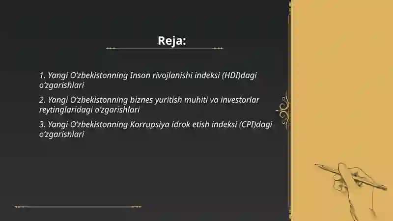 Yangi Oʻzbekiston ijtimoiy siyosiy iqtisodiy va madaniy hayotida roʻy berayotgan oʻzgarishlarni xalqaro reyting va indekslarda aks etishi 2