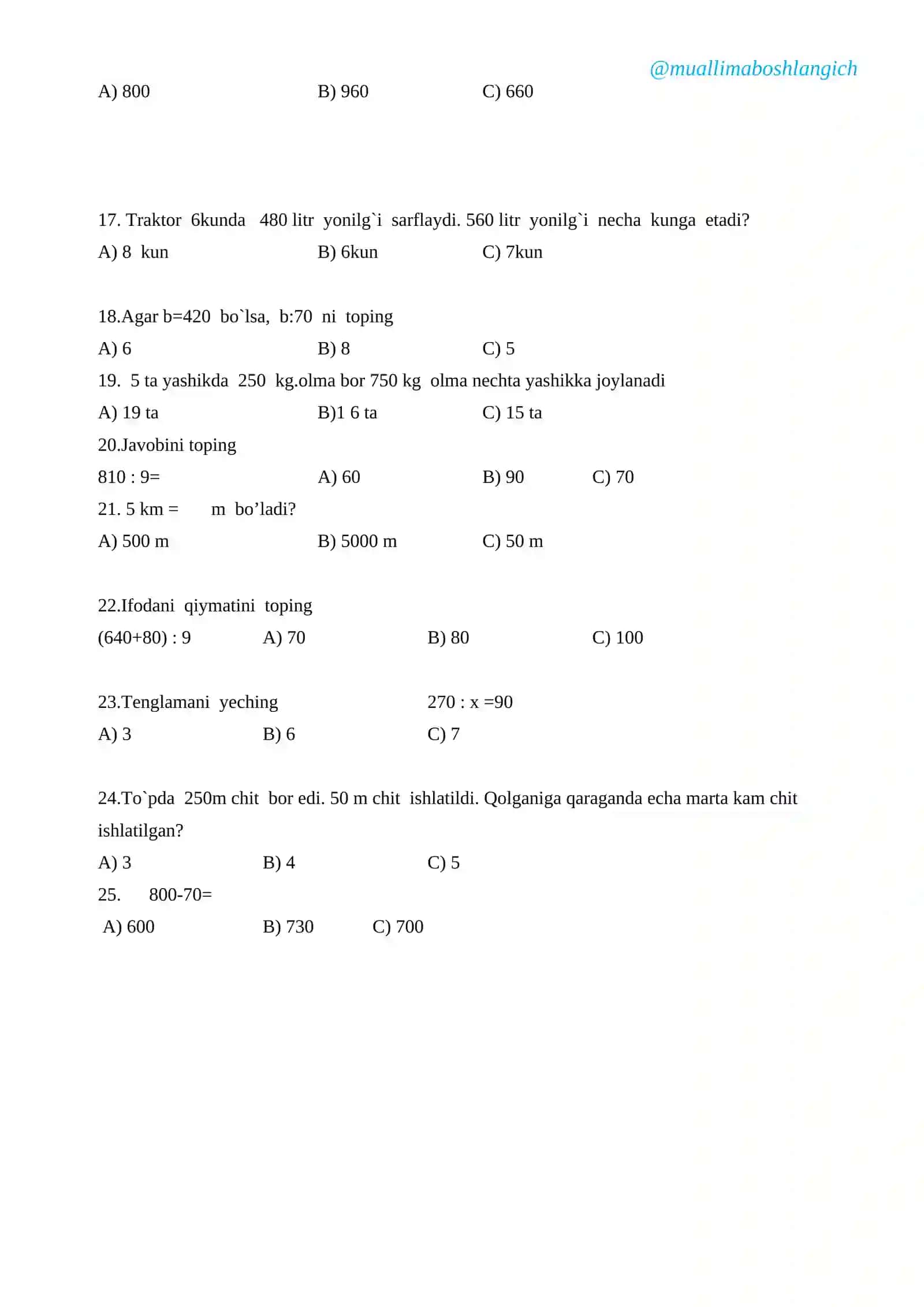 3-sinf uchun matematika fani bo`yicha test savollari 2