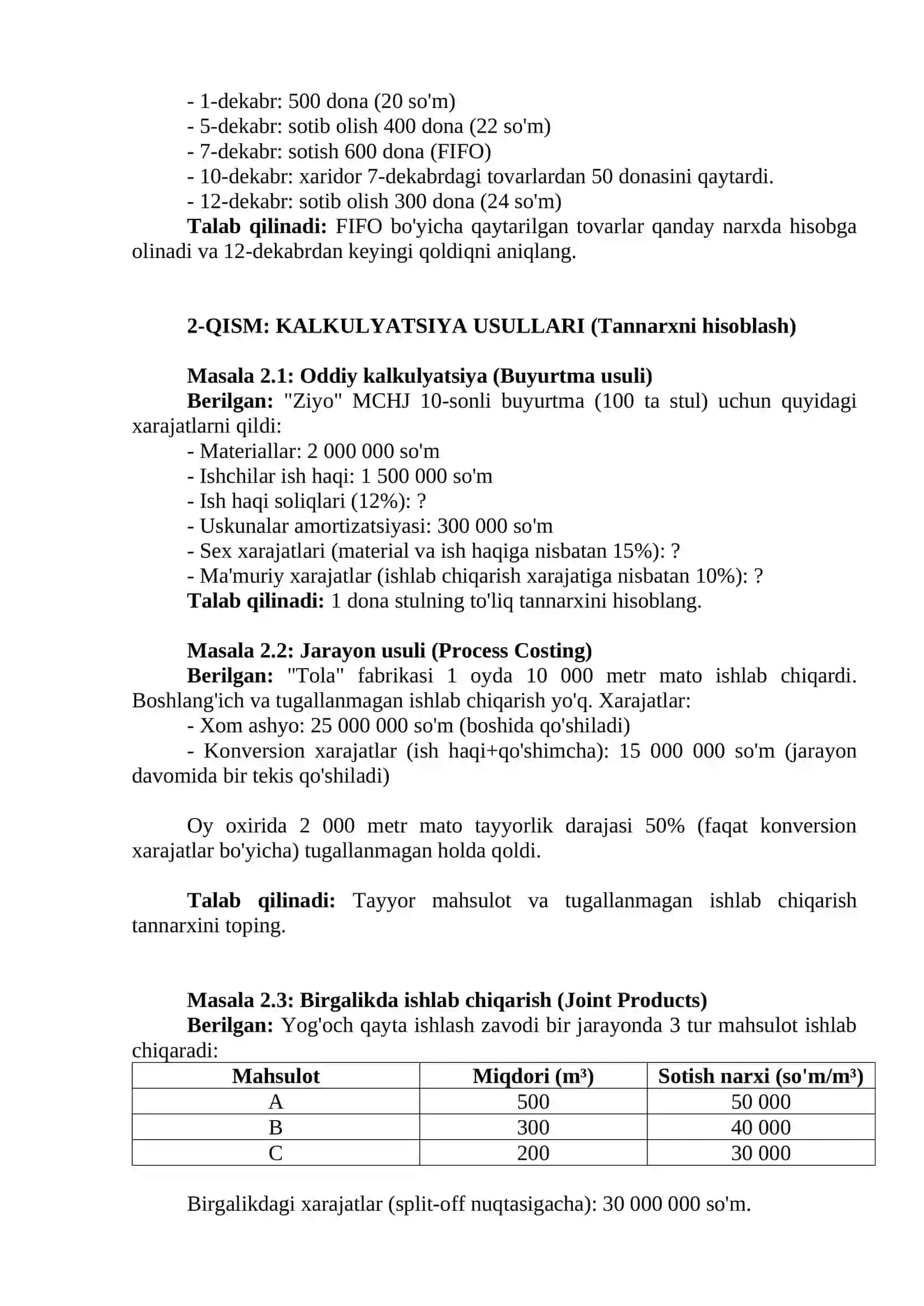BAHOLASH USULLARI (FIFO, LIFO, AVECO) 2