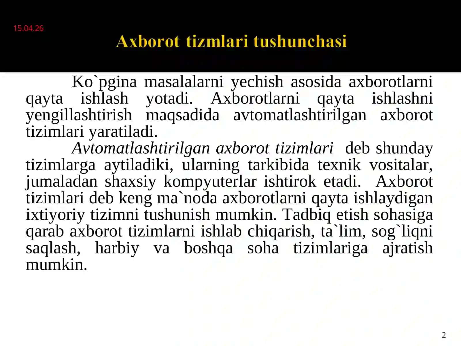 MA`LUMOTLAR BAZASINI BOSHQARISH TIZIMI 2