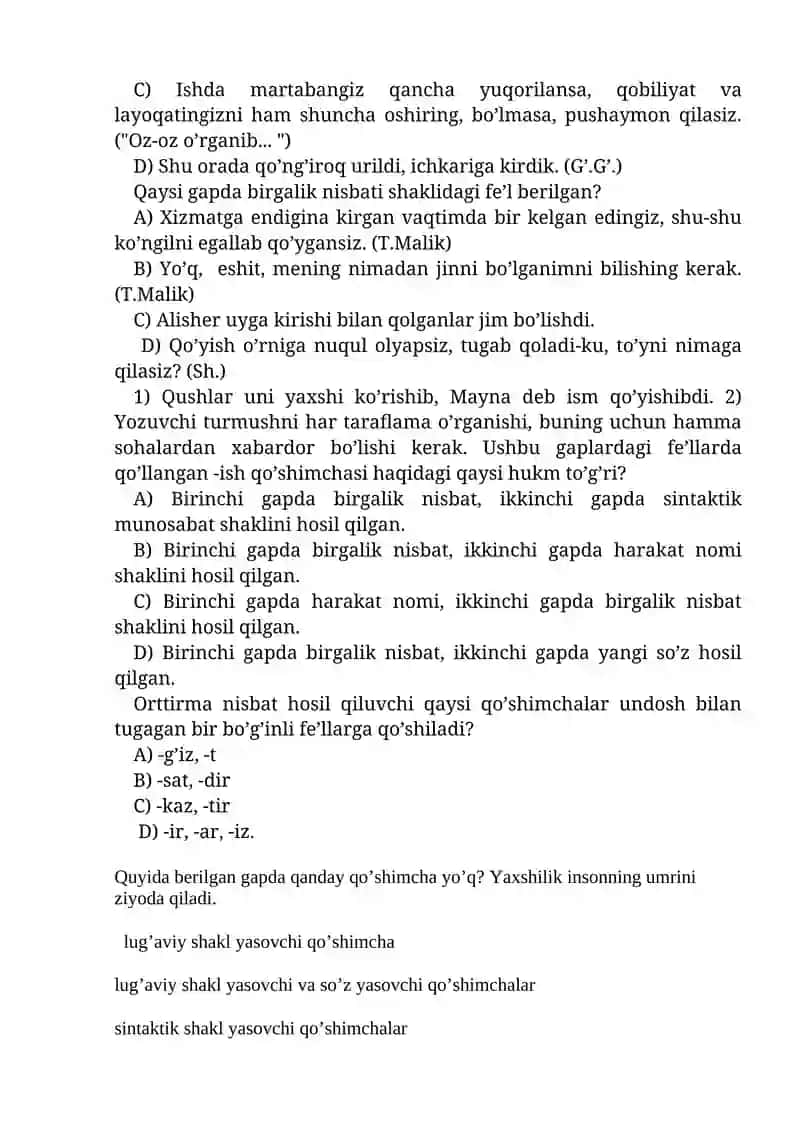 Quyida berilgan gapdagi ism asoslariga qanday shakllar qo’shilib kelgan? 2