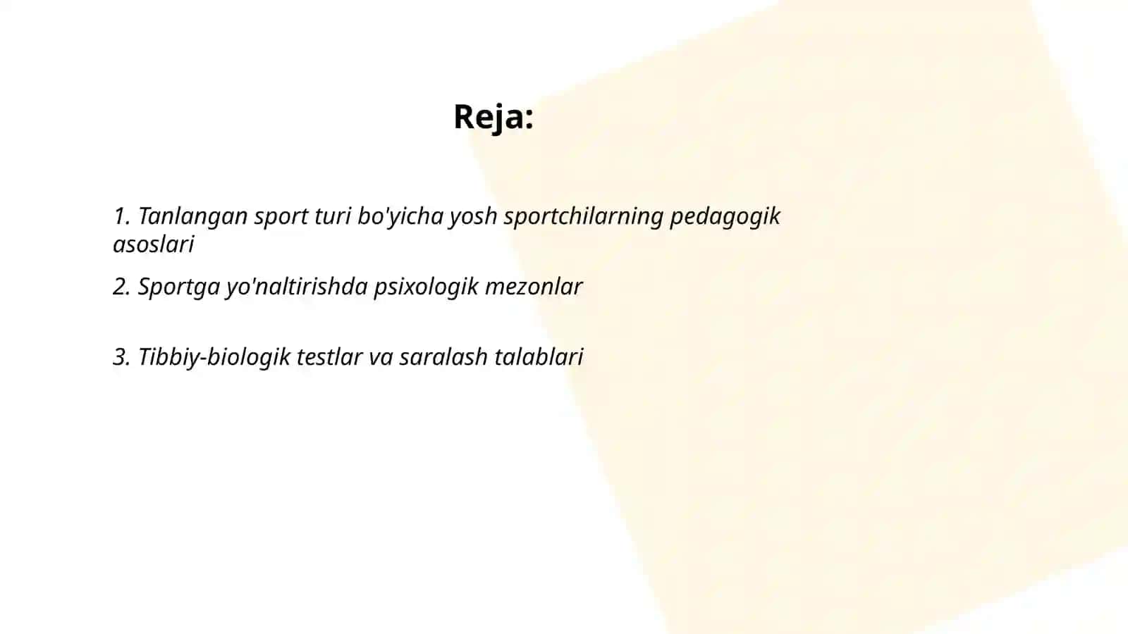Tanlangan sport turiga saralash va yo'naltirishning umumiy ( pedagogik, pisixologik, tibbiy- biologik) asoslari 2