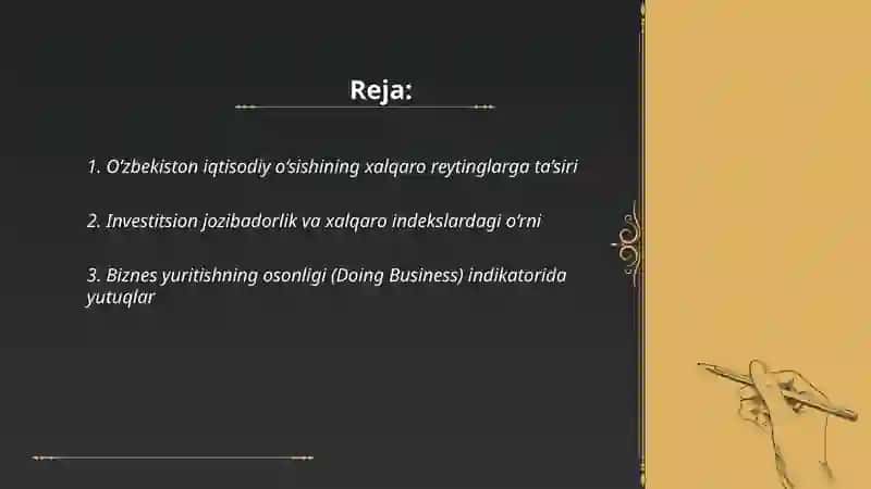 O‘zbekiston Respublikasining xalqaro reyting va indekslardagi o‘rni va nufuzini ortib borishi 2