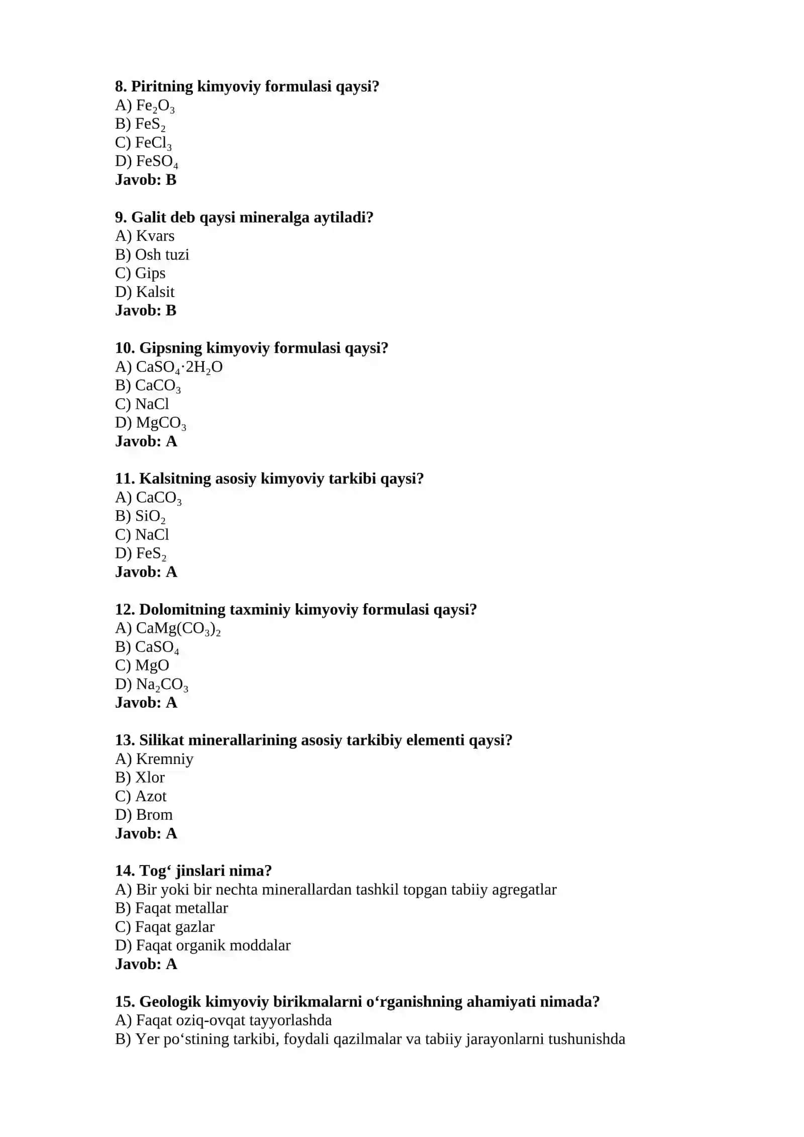 Geologik kimyoviy birikmalar — 15 ta test 2