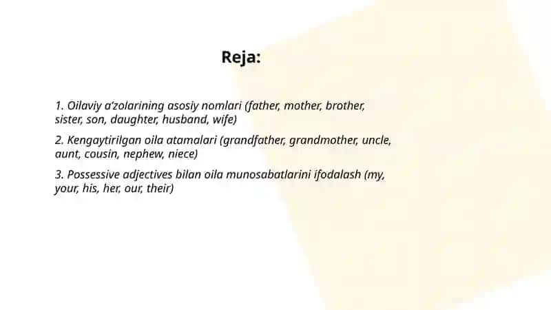 Oila a'zolarini ingliz tilida o'rgatish 2