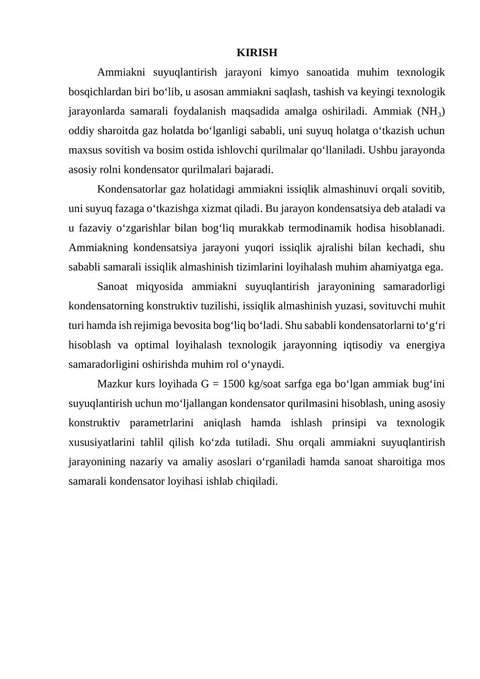 Ammiakni suyuqlantirish uchun kondensator qurilmasi. G = 1500 kg/soat 2