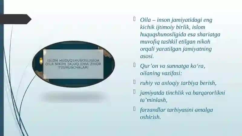 Islom huquqshunosligida oila nikoh taloq idda zihor tushunchalarini ta’riflash 2