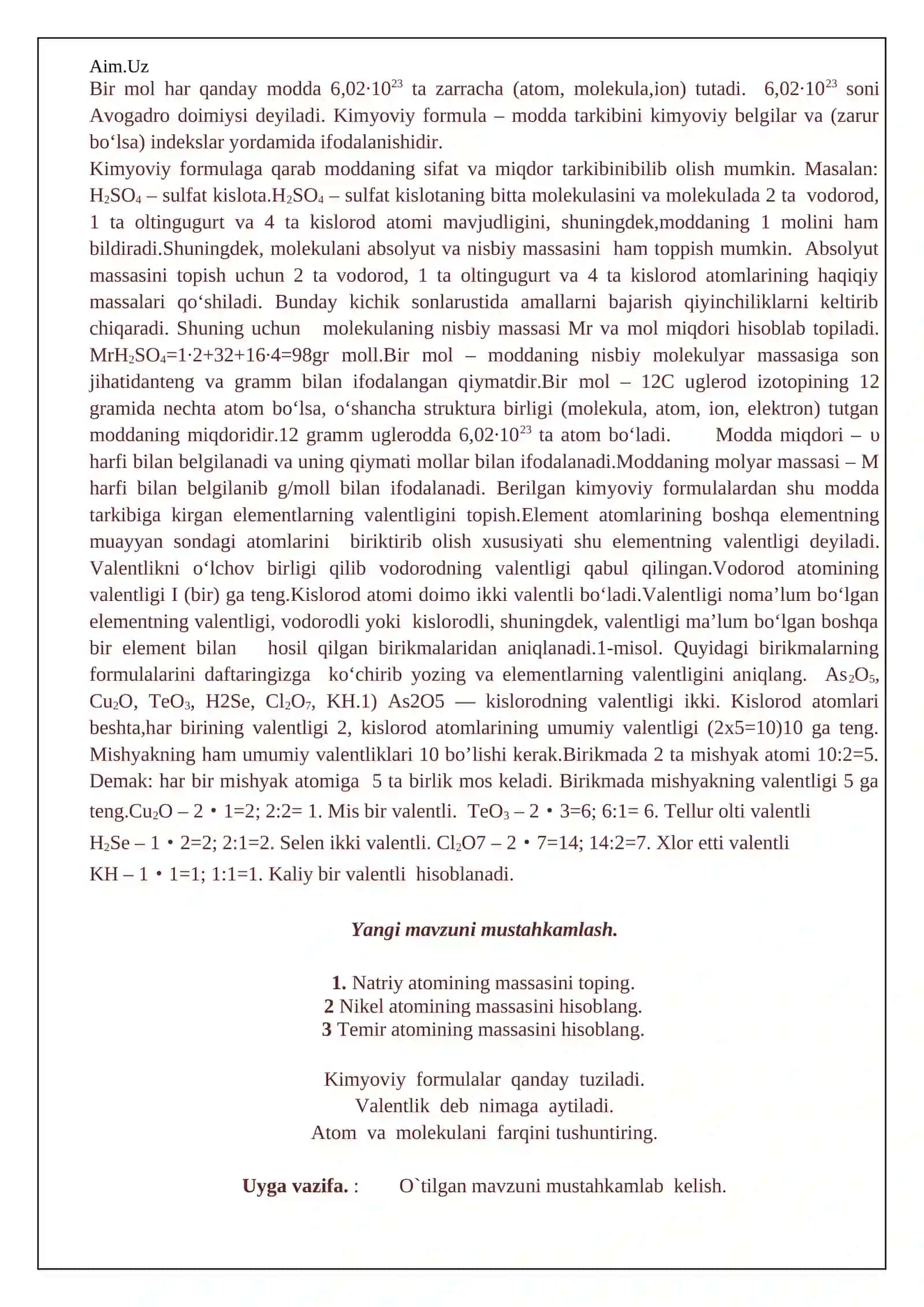 Dastlabki kimyoviy tushuncha va qonunlar. Kimyoviy formula, valentlik 2