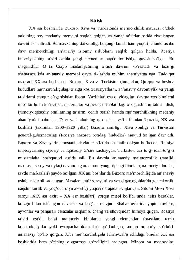 XX asr boshlarida Buxoro, Xiva va Turkistonda me’morchilik 2