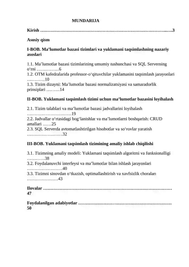 OTM kafedrasi professor-o‘qituvchilarining yillik yuklamasini taqsimlash  tizimi. 2