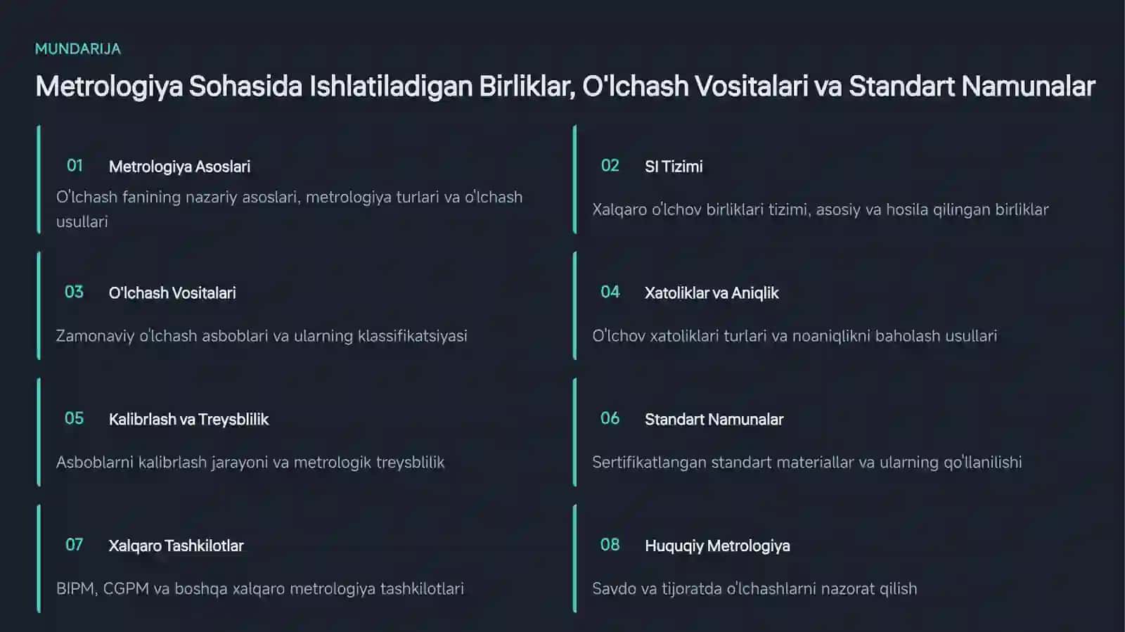 Metrologiyasohasidaishlatiladiganbirliklar, o'lchashvositalarivastandartnamunalar 2