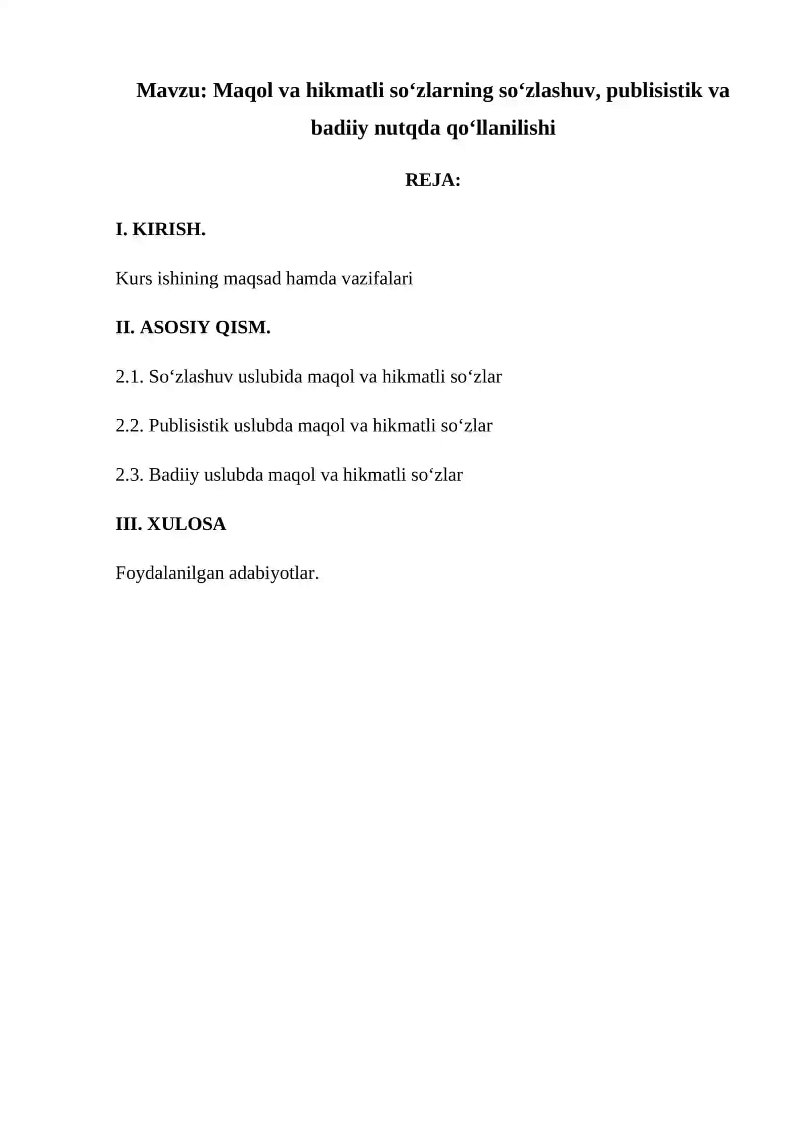 Maqol va hikmatli so‘zlarning so‘zlashuv, publisistik va badiiy nutqda qo‘llanilishi 2