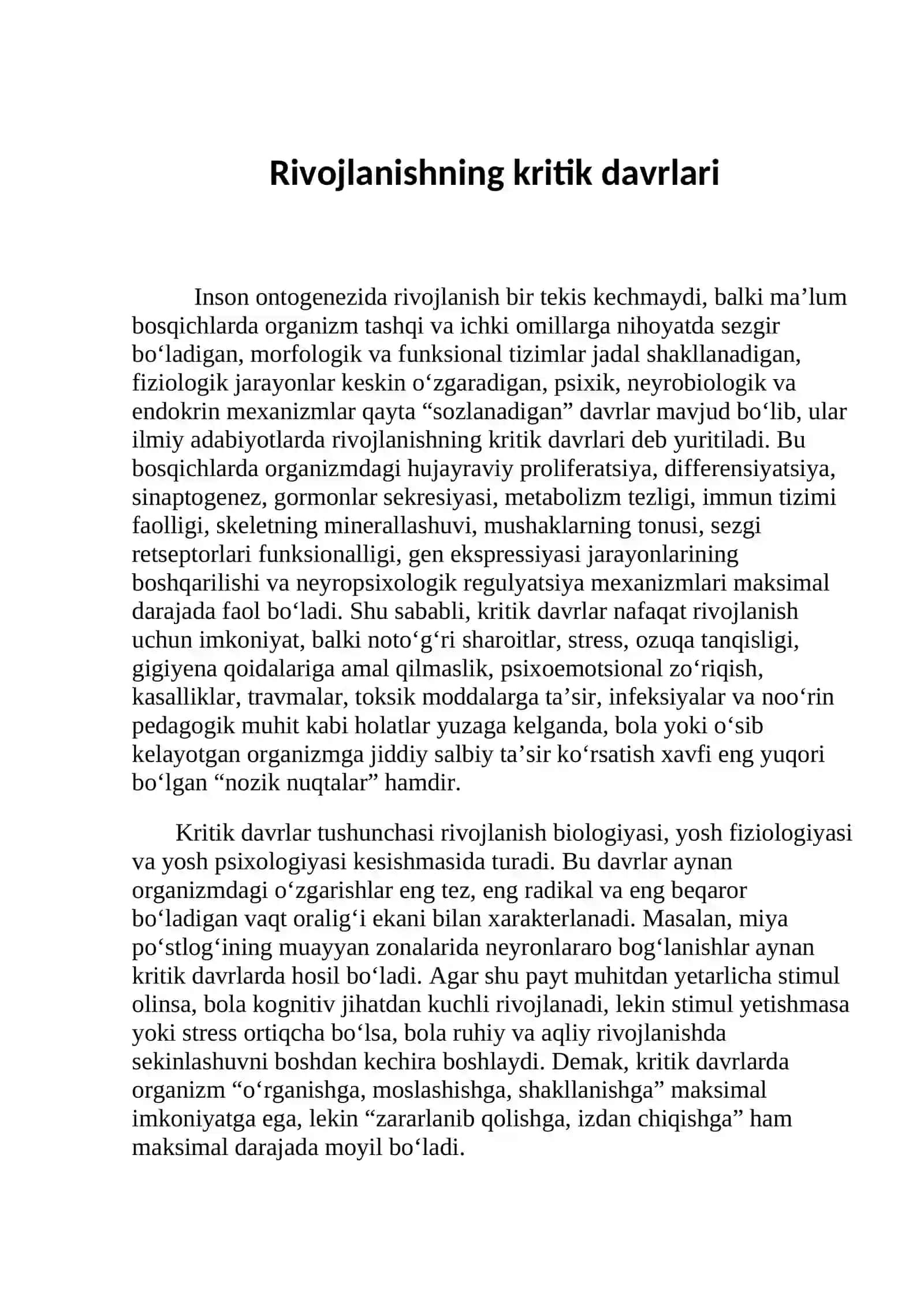 Yosh fiziologiyasi va gigeniyasi fanidan Yozgan tezisi 2