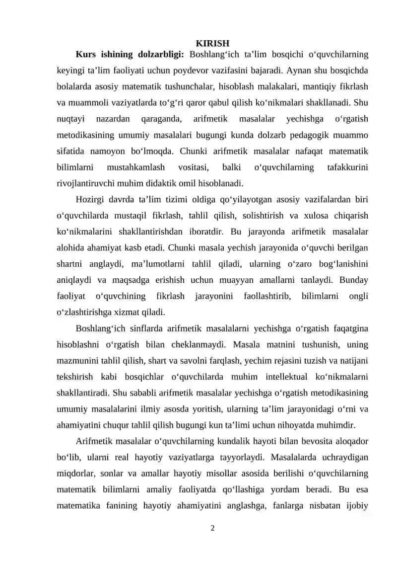 Arifmetik masalalar yechishga o‘rgatish metodikasining umumiy masalalari 2