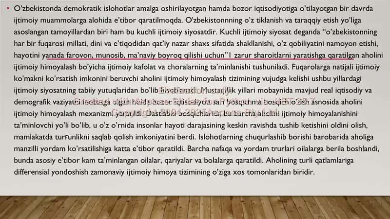 O'zbekiston ijtimoiy sohada o'zgarishlar 2