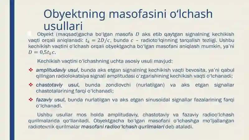 OBYEKTGACHA BO‘LGANMASOFASINIRADIOLOKATSIONO‘LCHASH USULLARI 2