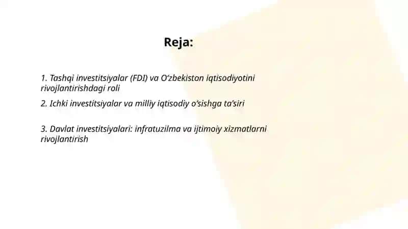 Oʻzbekiston iqtisodiyotini rivojlantirishda investitsiyaning roʻli 2