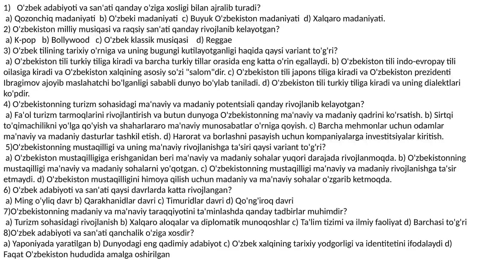 O’zbekistonning ma’naviy va madaniy taraqqiyoti test 2