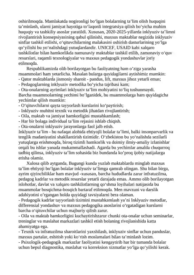Inklyuziv ta’lim bo‘yicha respublikada olib borilgan va olib borilayotgan faoliyat. 2