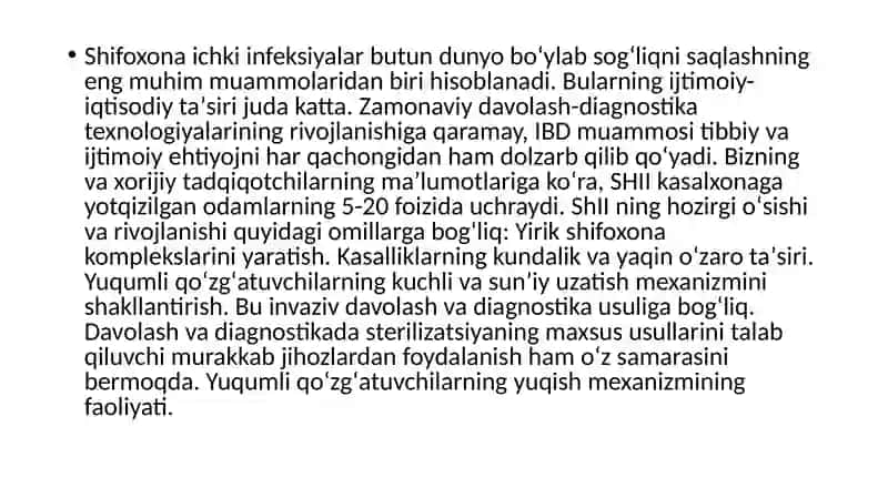 Kasalxona ichki infeksiyalarining kelib chiqishi uchun havo muhitining bakteriologik floslanganligi 2