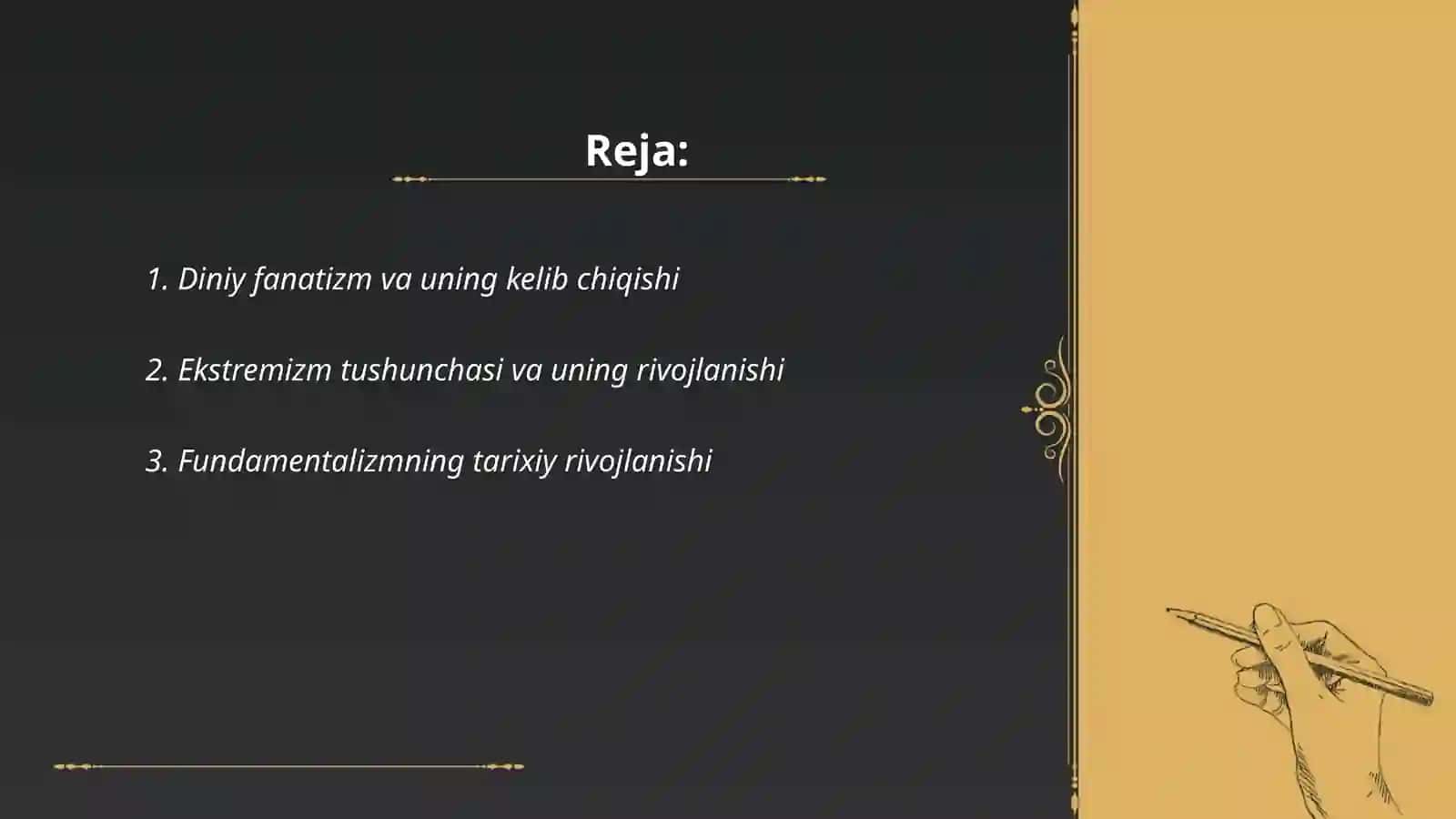 Diniy fanatizm, ekstremizm, fundamentalizm, terrorizmning tarixi va ularning hozirgi davrda xavfsizlikka tahdidi 2