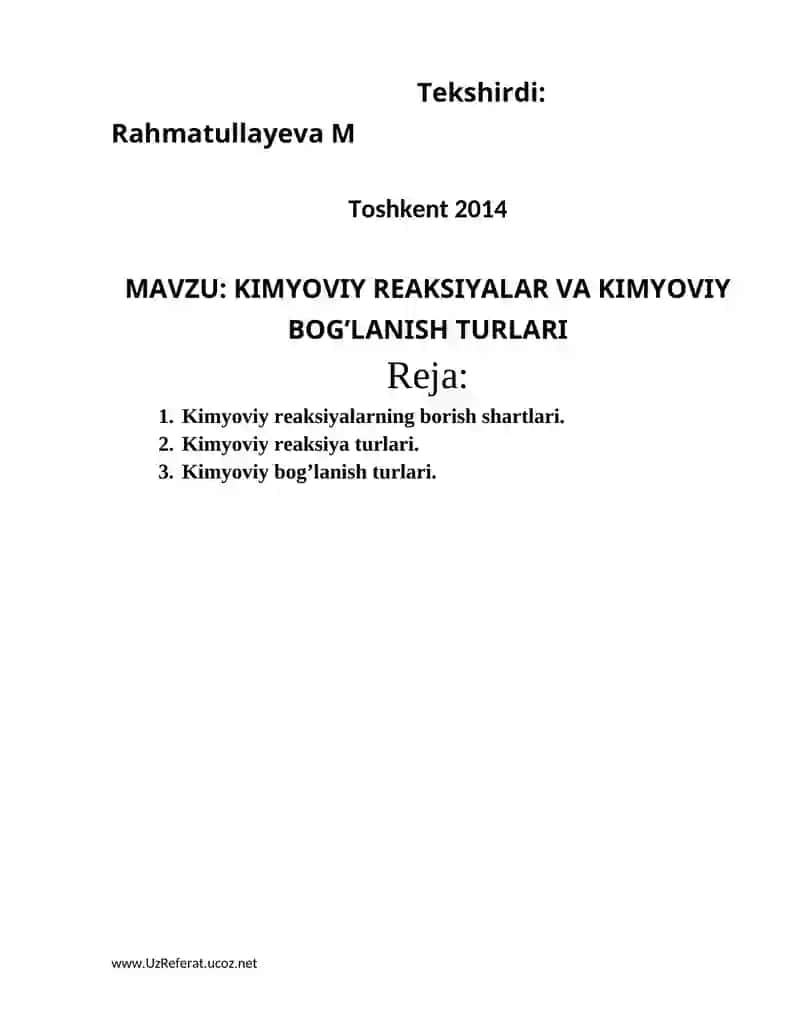 KIMYOVIY REAKSIYALAR VA KIMYOVIY BOG’LANISH TURLARI 2