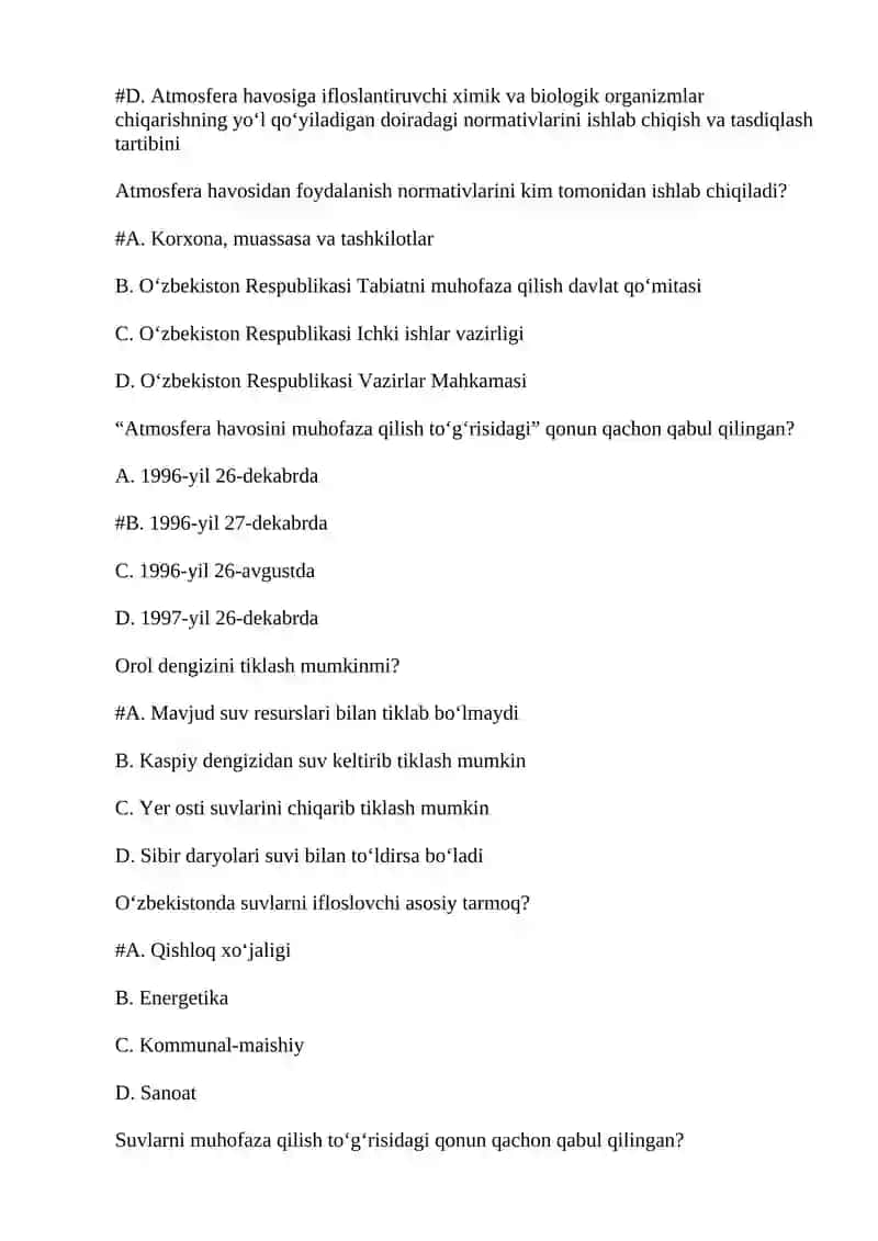 Atrof-muhit muhofazasi yakuniy nazorat test 290#. 2