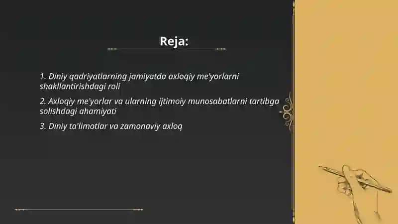 Diniy qadriyatlar va axloqiy me'yorlar jamiyatda qanday rol o'ynaydi Aktiflar 2