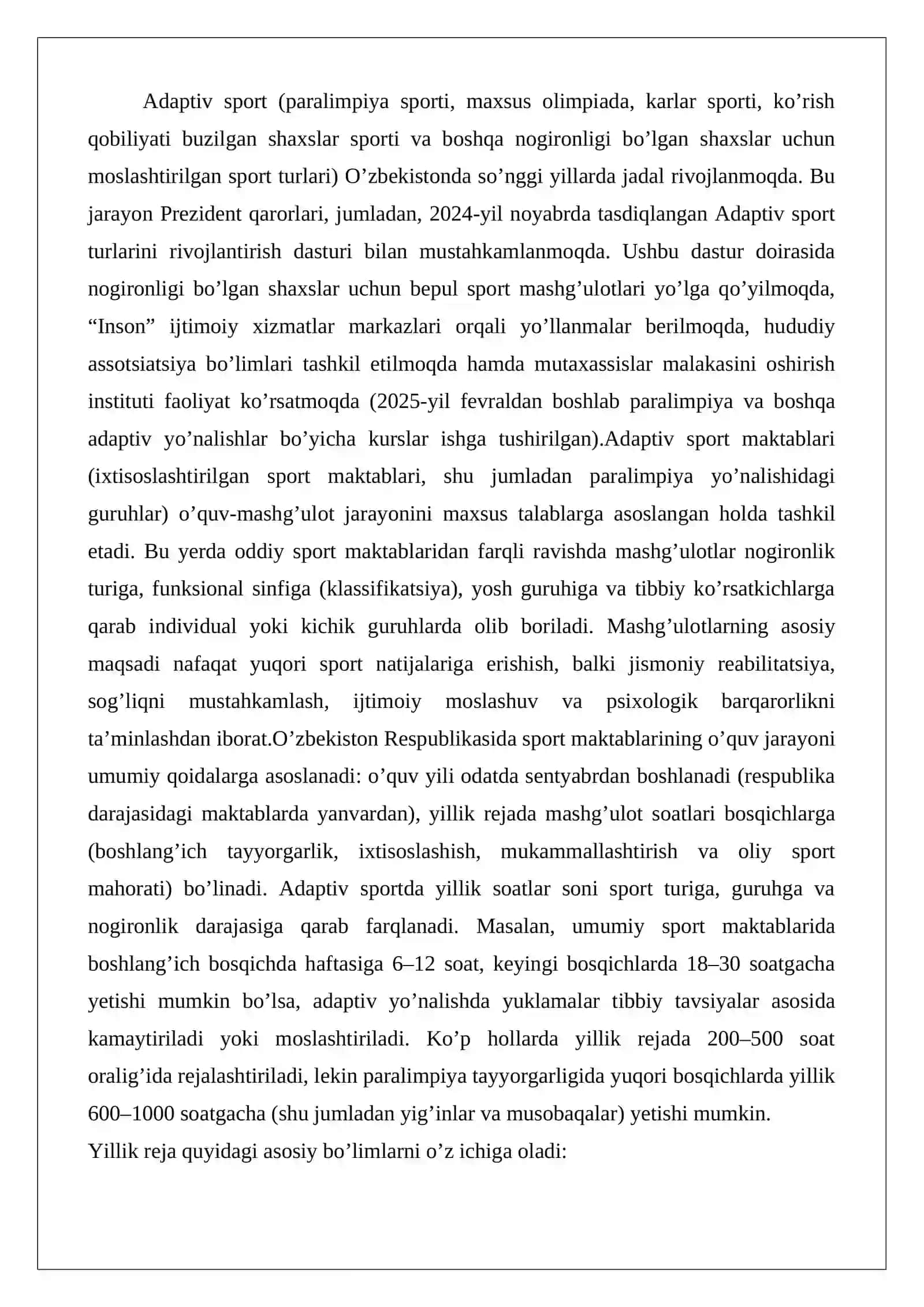 Adaptiv sport bo’yicha sport maktablarida o’quv mashg’ulot soatining yillik reja 2