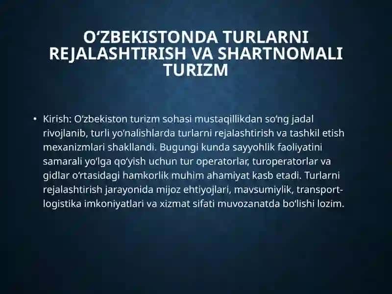 O‘zbekistonda turlarni rejalashtirish va shartnomali turizm 2