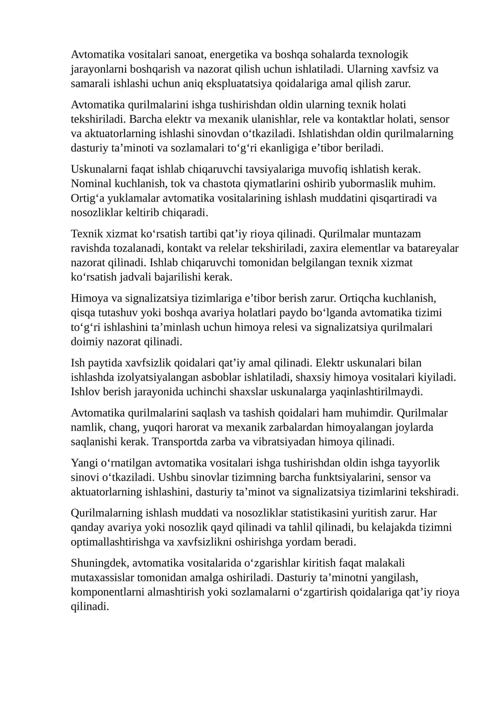 AVTOMATIKA VOSITALARINING EKSPLOATATSIYA QOIDALARI 2