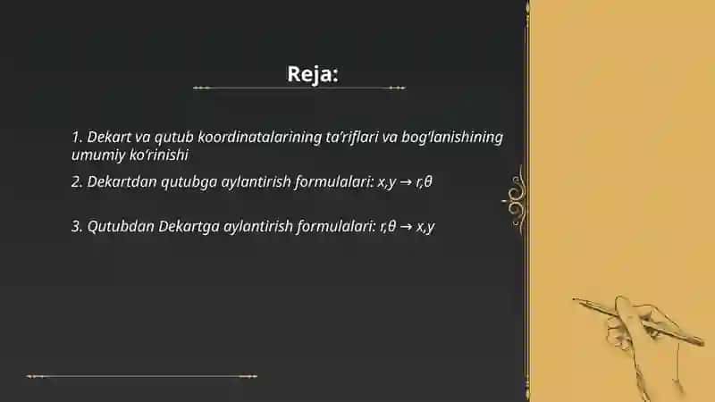 Dekart va qutub koordinatalri orasidagi bogʻlanish 2