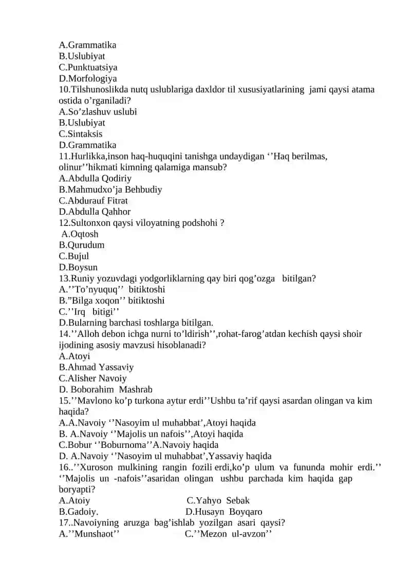 Ona tili va adabiyot fanidan onlayn olimpiada testi (10-sinf) 2