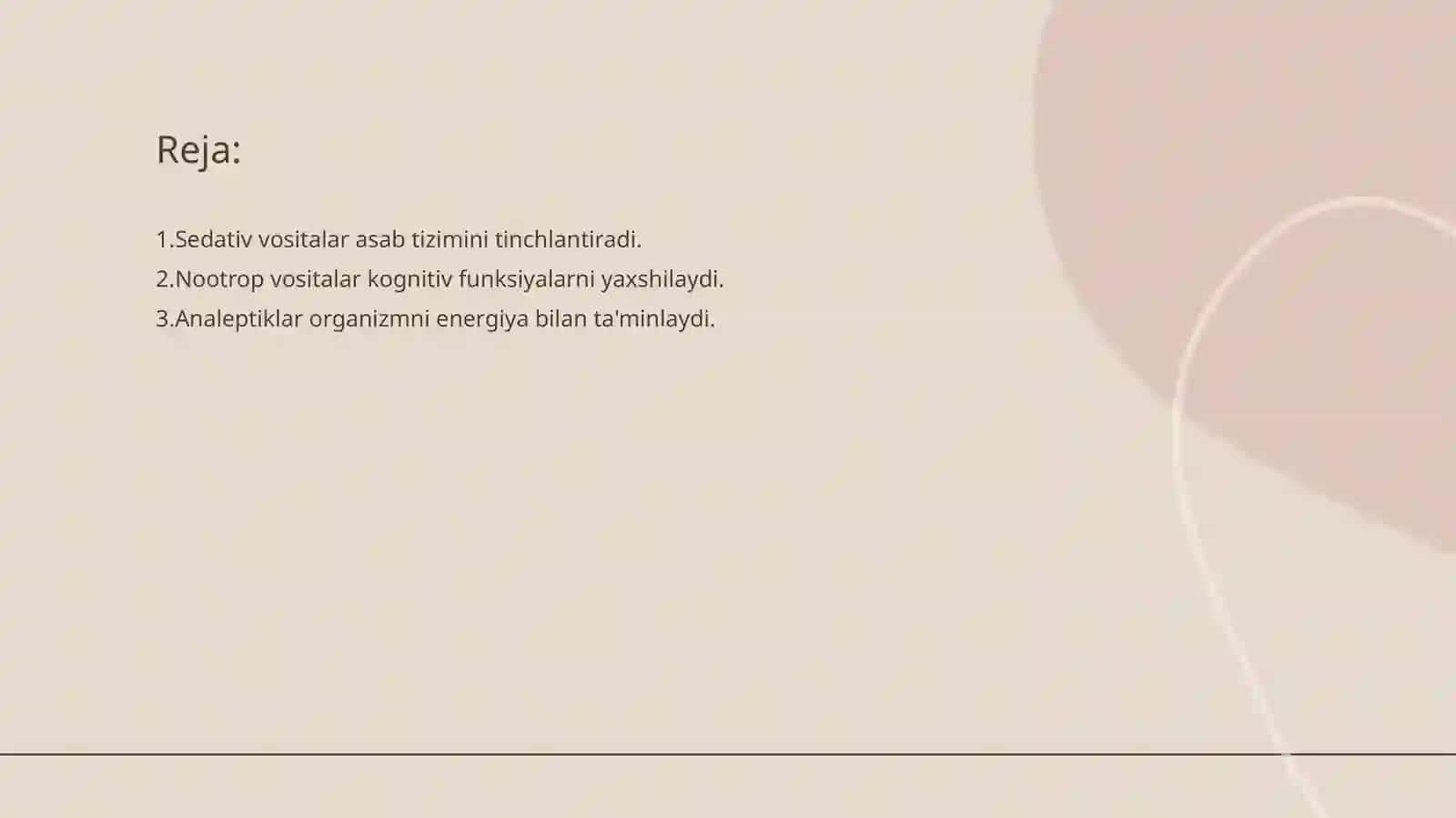 Sedativ vositalar. Nootrop vositalar. Analeptiklar. Psixostimulyatorlar. Depressiyaga qarshi vositalar 2
