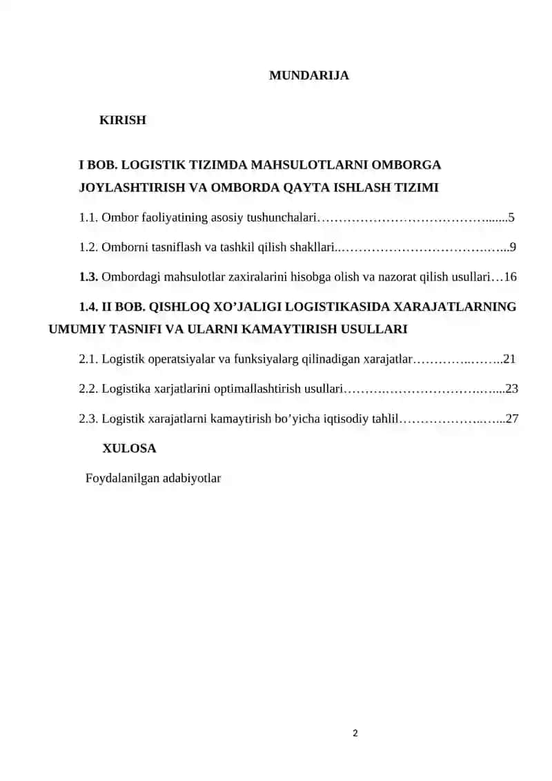 Qishloq xo‘jaligi mahsulotlarini saqlashda logistik xarajatlarni hisobga olish. 2
