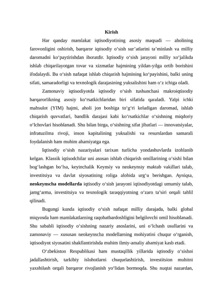 Iqtisodiy o'sish tushunchasi va o'lchanishi va neokeynscha modellari 2