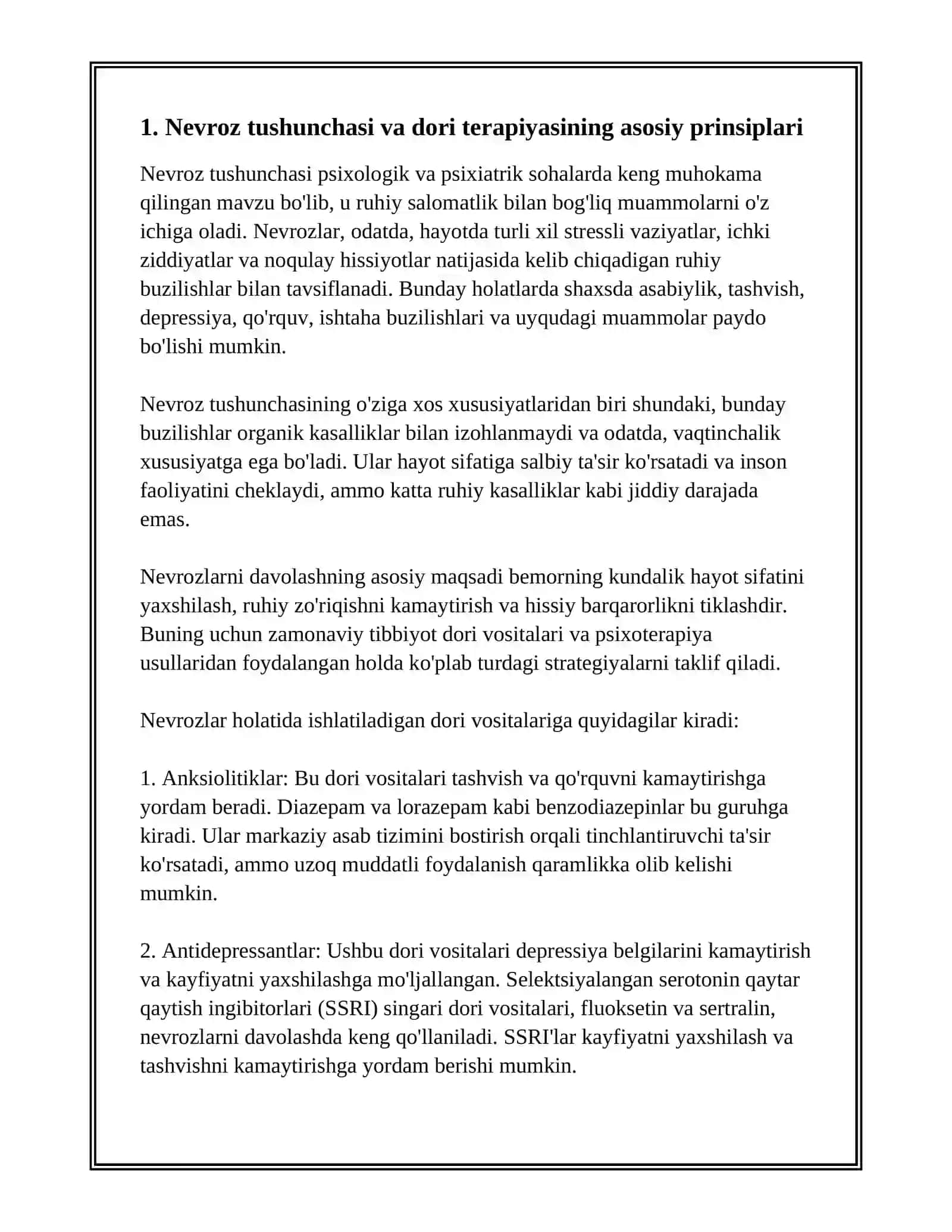 NEVROZ XOLATI VA UNI DAVOLASHDA ISHLATILADIGAN DORI VOSITALARI 2