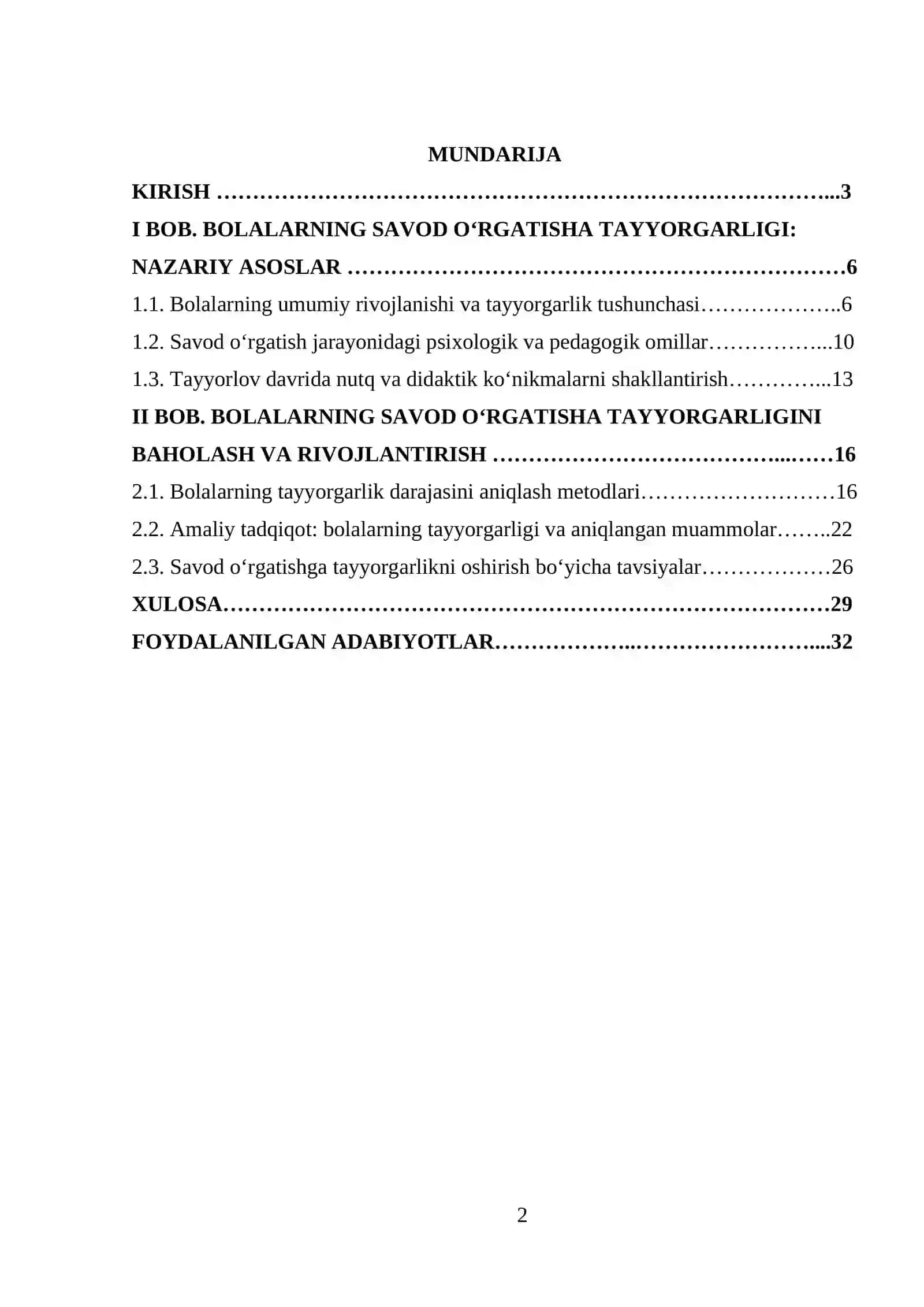 Bolalarning savod o'rgatish jarayoniga tayyorgarligini o'rganish mavzusida tayyor kurs ishi 2