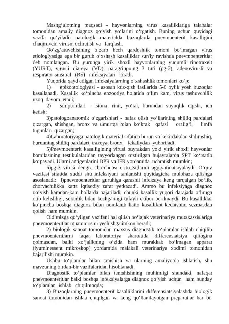 "Biofabrikalarda ishlab chiqarilgan diagnostik to‘plamlar yordamida buzoqlarning pnevmoenterit kasalligini differensatsiyalash" ishlanma 2