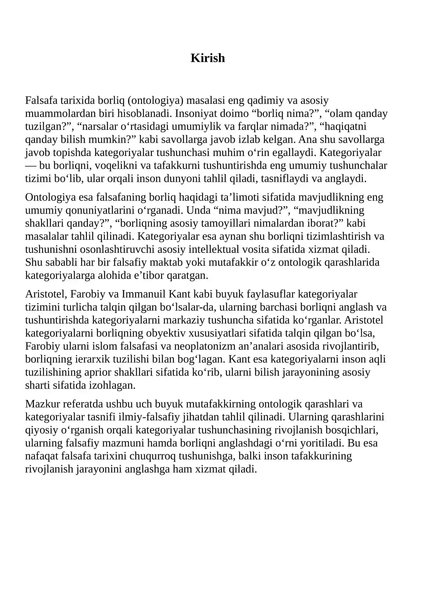 ARISTOTEL, FAROBIY VA KANT ONTOLOGIYASIDA KATEGORIYALAR TASNIFI 2
