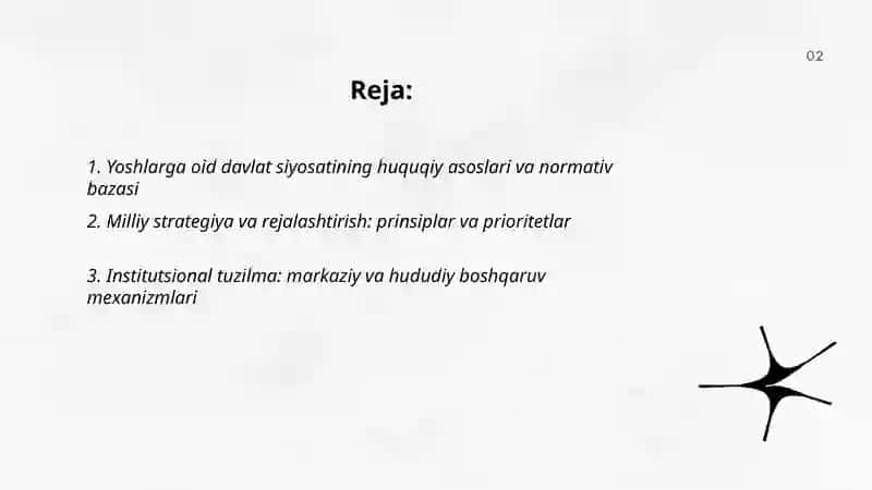 Yoshlarga oid davlat siyosatining izchil va samarali tashkil etilishi 2