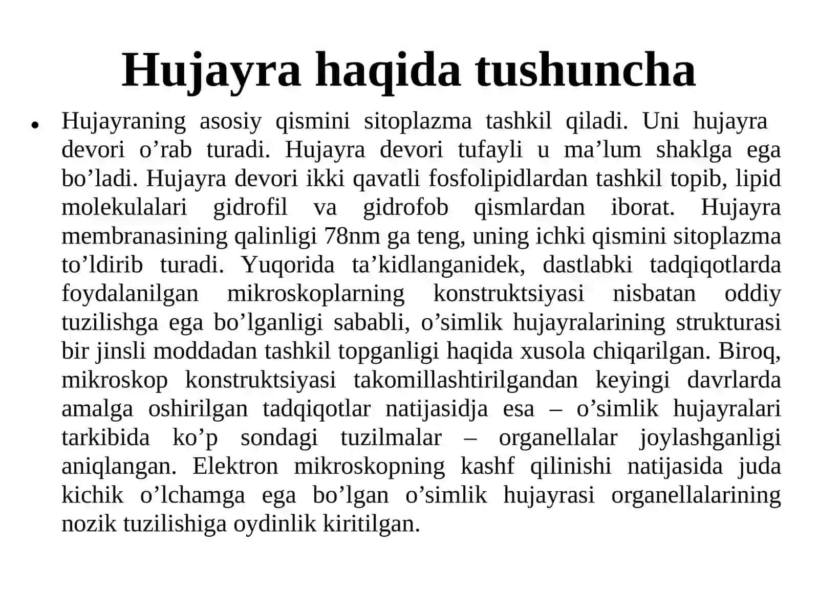 HUJAYRA TUZILISHI. HUJAYRA ORGANOIDLARI VA ULARDA BORADIGAN JARAYONLAR 2