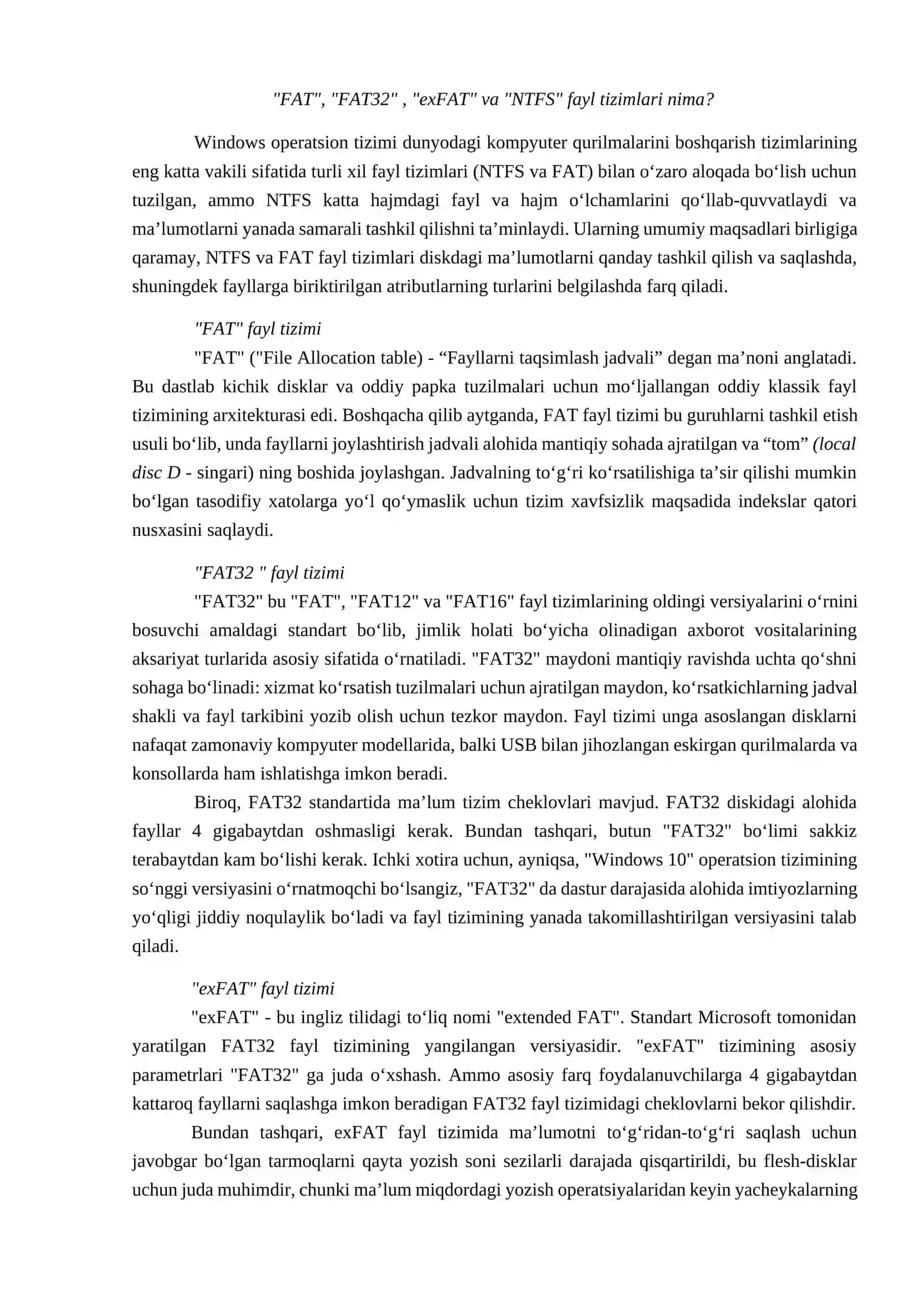 FAT, FAT32, NTFS fayllar tizimlari bilan ishlash imkoniyatlari 2